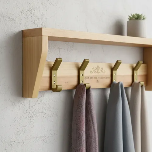 Perchero de Pared Madera con Estante y 4 Ganchos